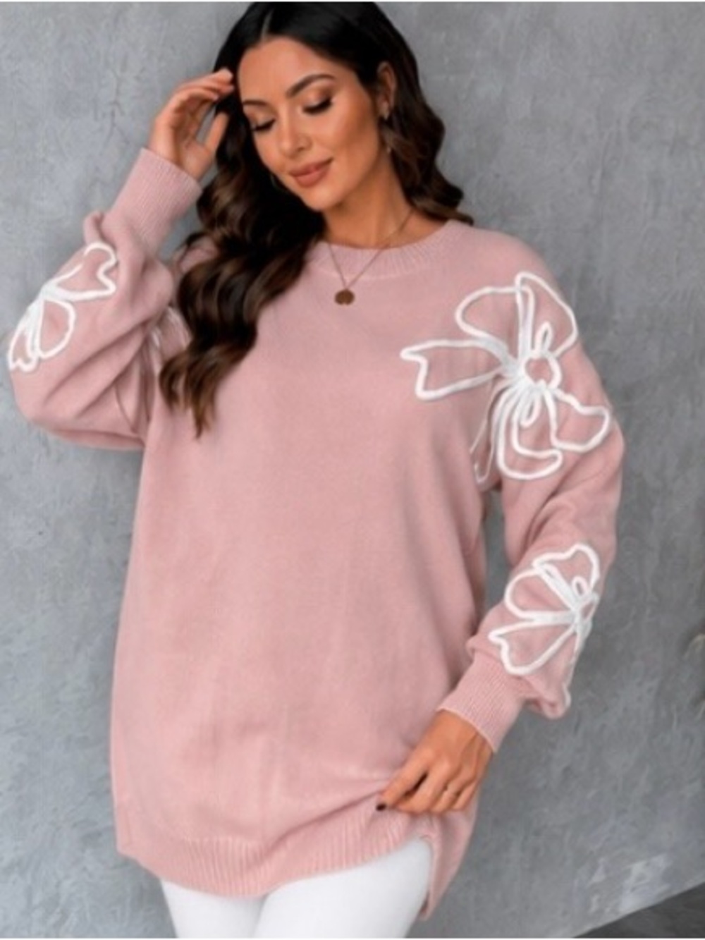 Dusty Pink Floral-Appliqué Crewneck Sweater